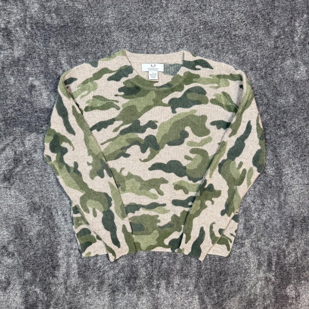 Magaschoni Cashmere Camo Crewneck Sweater Green Tan Ribbed Knit Womens Large